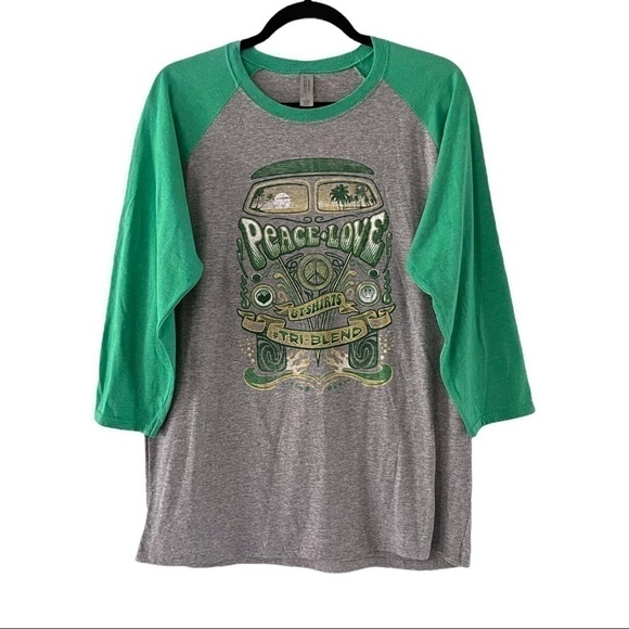 NWOT Jerzees Tri-Blend Peace Love & T-Shirts Gray/Green Raglan Baseball T-Shirt  - Picture 1 of 5